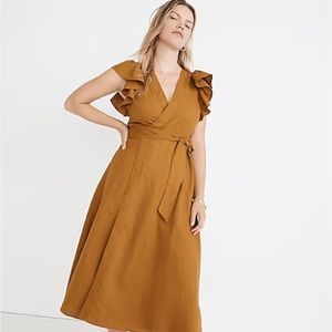 Madewell Linen-Blend Ruffle-Sleeve Wrap Midi Dress in Mustard